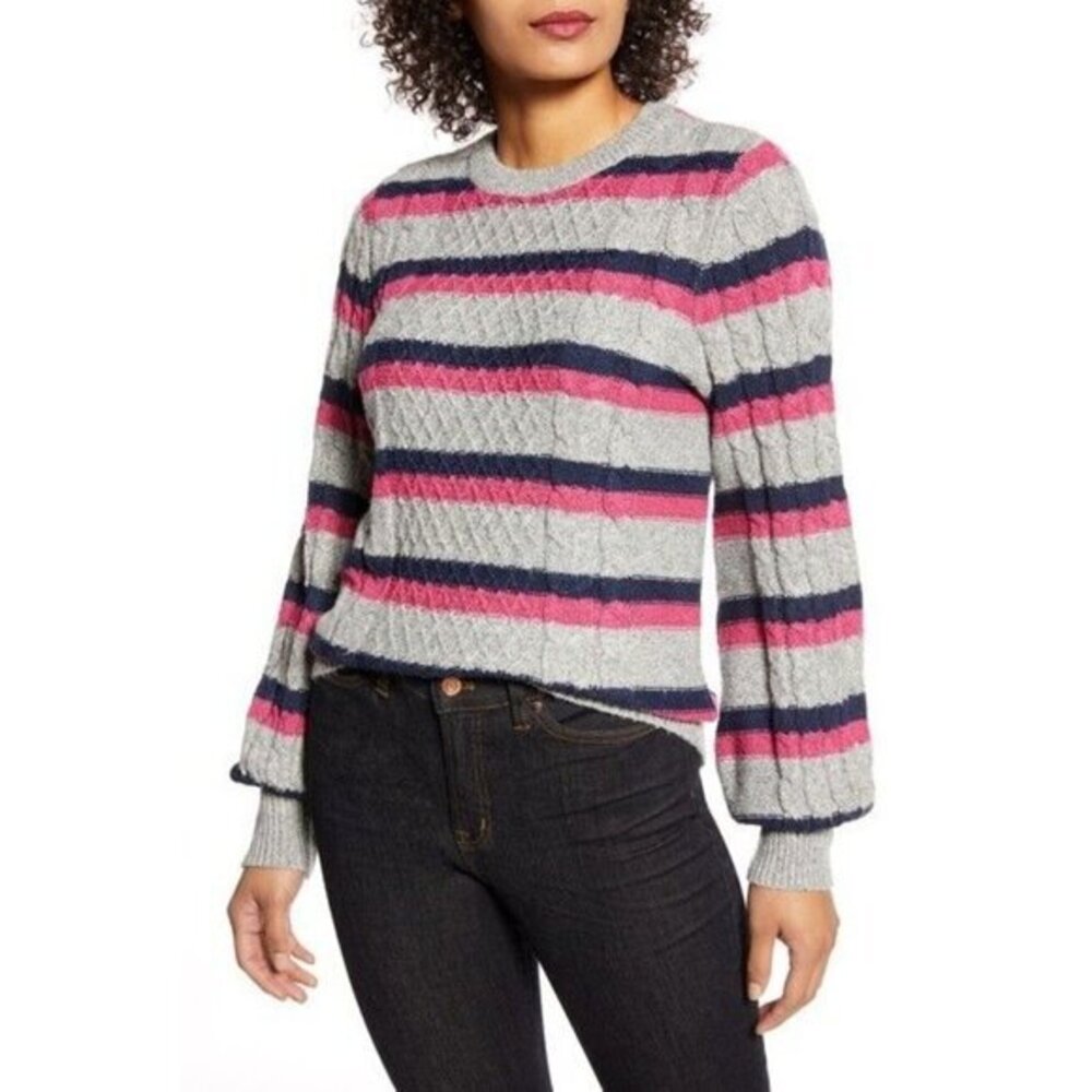 Halogen X Atlantic-Pacific Striped Cable Knit Sweater Lovely Stripe Sz S NWT